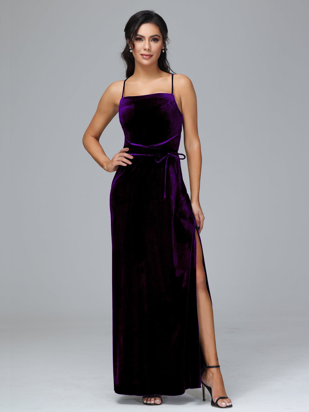 Spaghetti Straps Plus Size Velvet Bridesmaid Dress With Slit