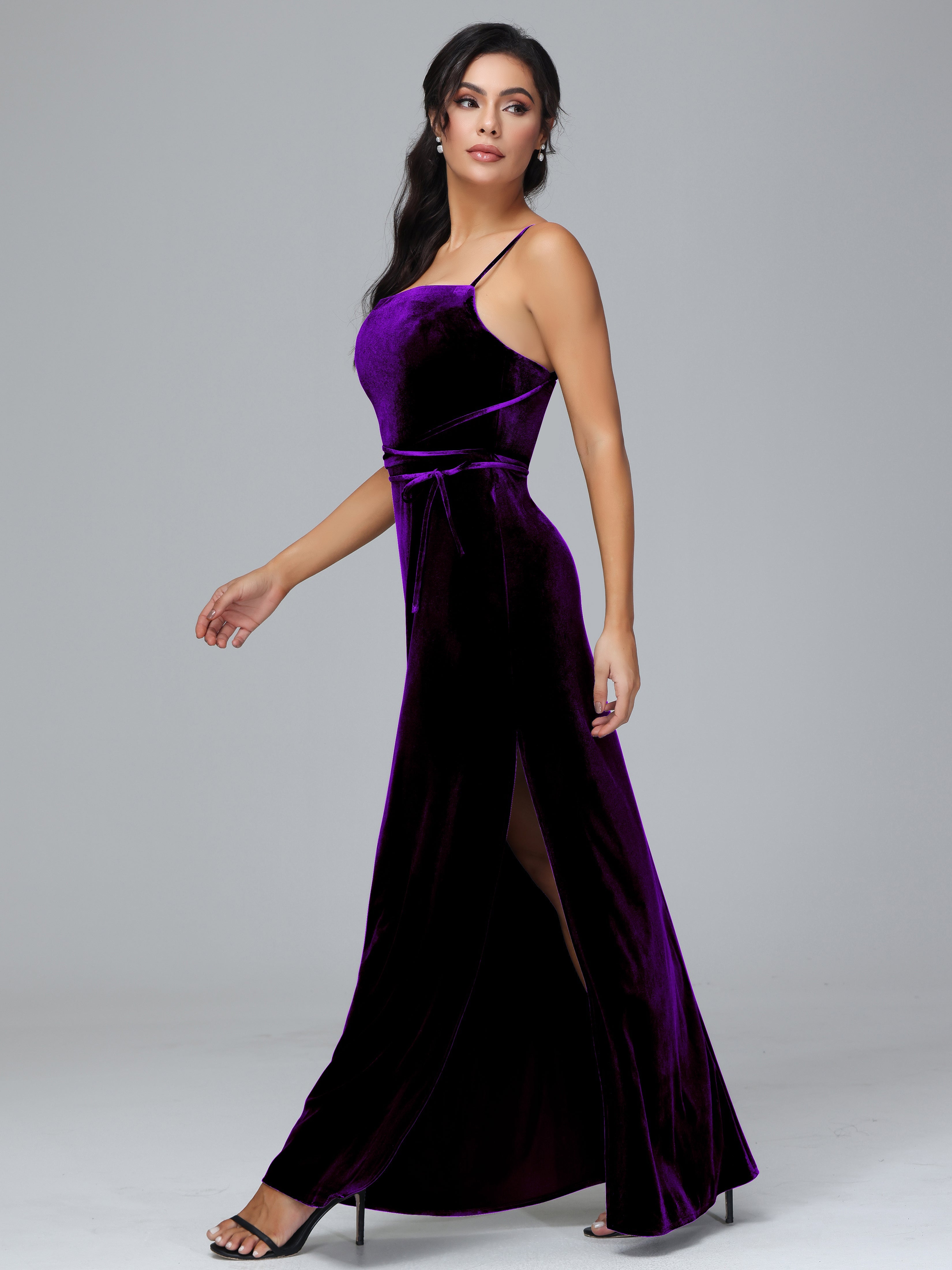 Spaghetti Straps Velvet Bridesmaid Dress With Slit
