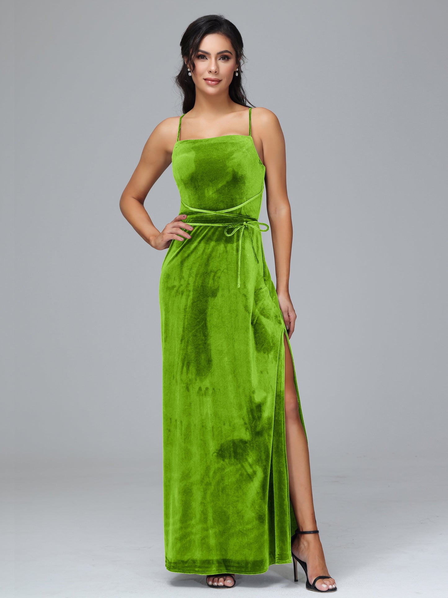 Spaghetti Straps Plus Size Velvet Bridesmaid Dress With Slit