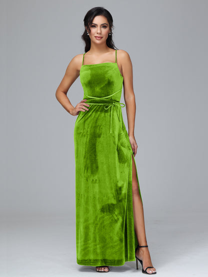 Spaghetti Straps Plus Size Velvet Bridesmaid Dress With Slit