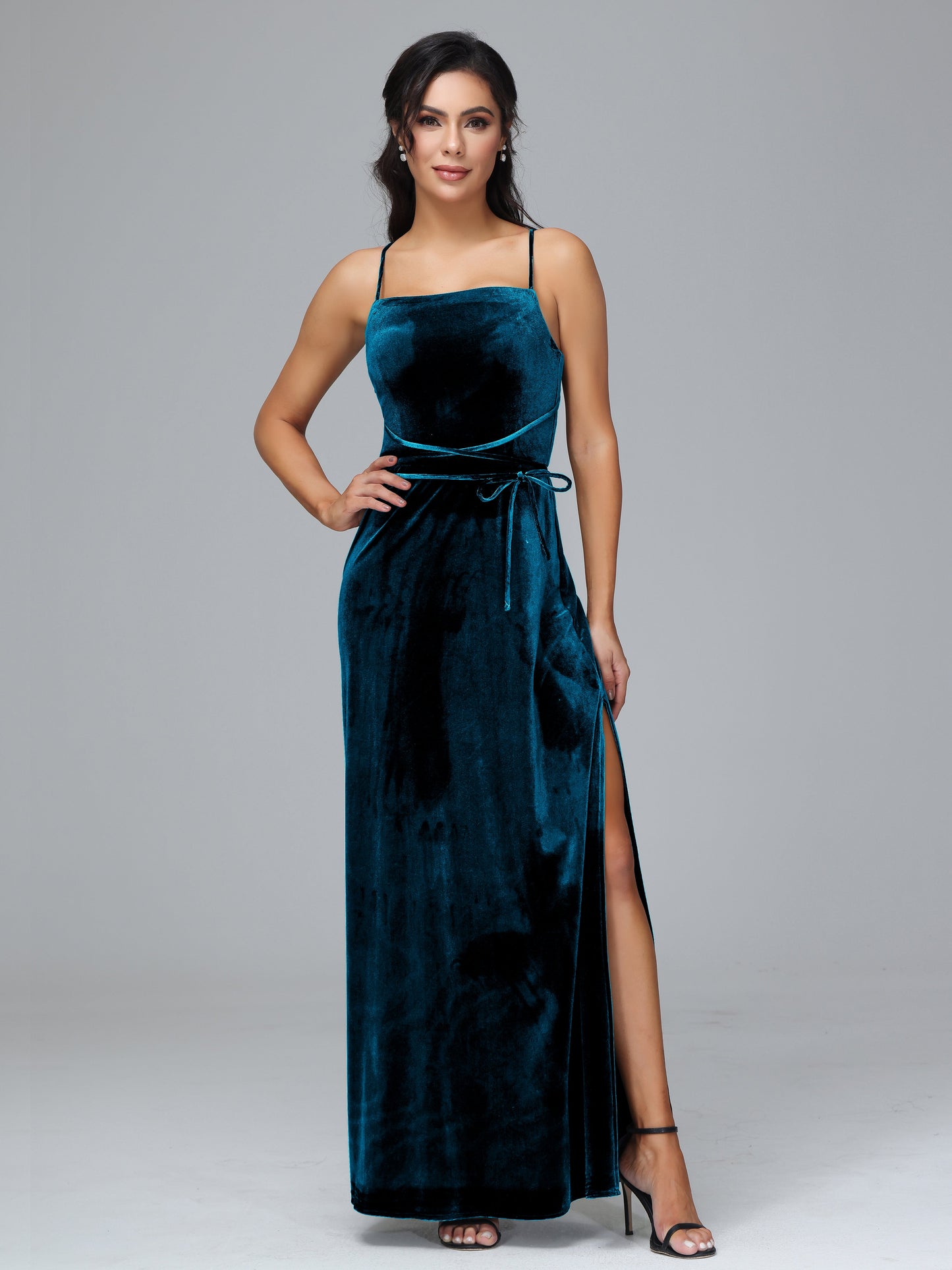 Spaghetti Straps Velvet Bridesmaid Dress With Slit