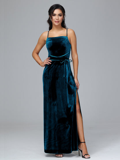 Spaghetti Straps Plus Size Velvet Bridesmaid Dress With Slit