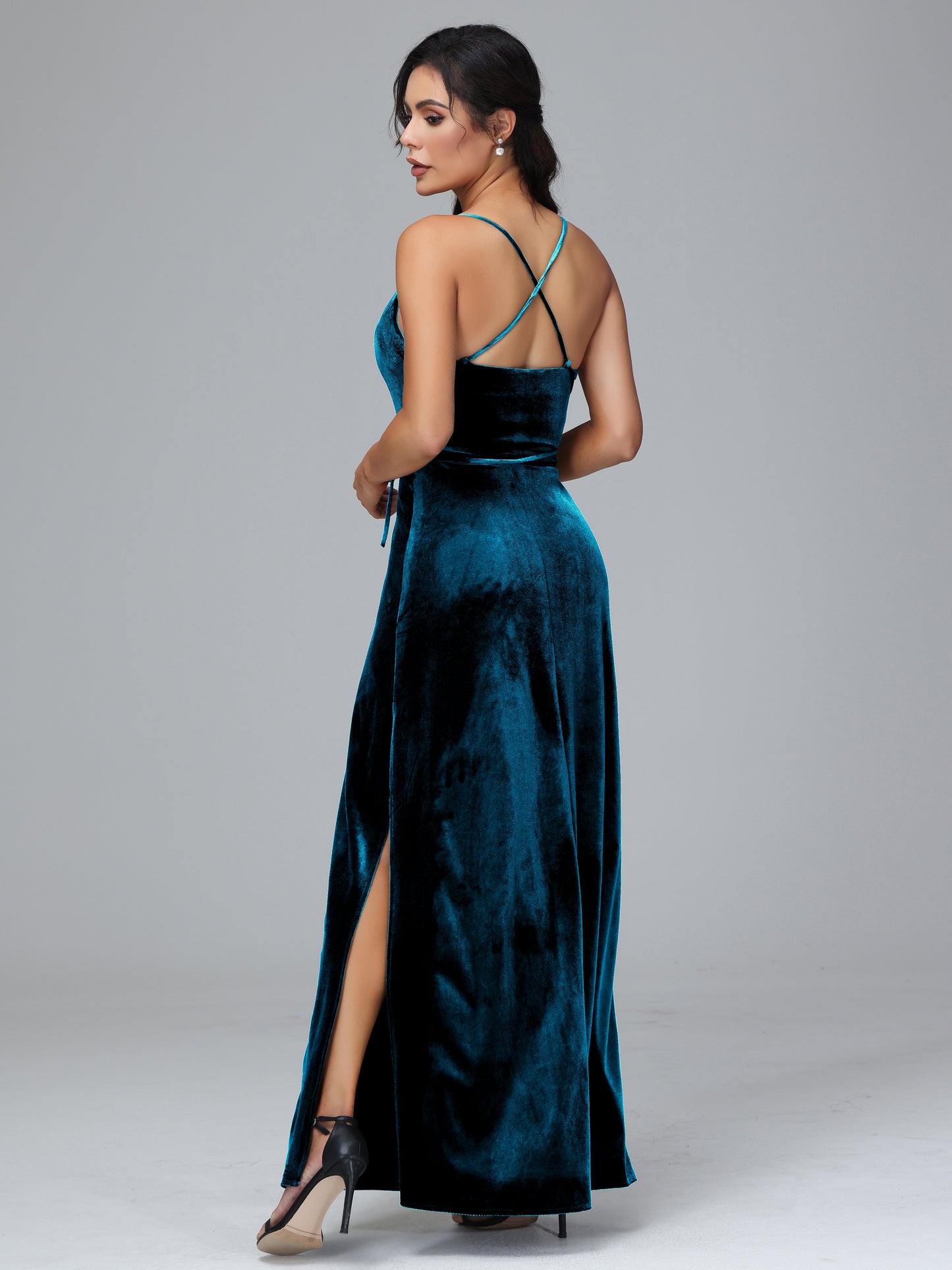 Spaghetti Straps Velvet Bridesmaid Dress With Slit