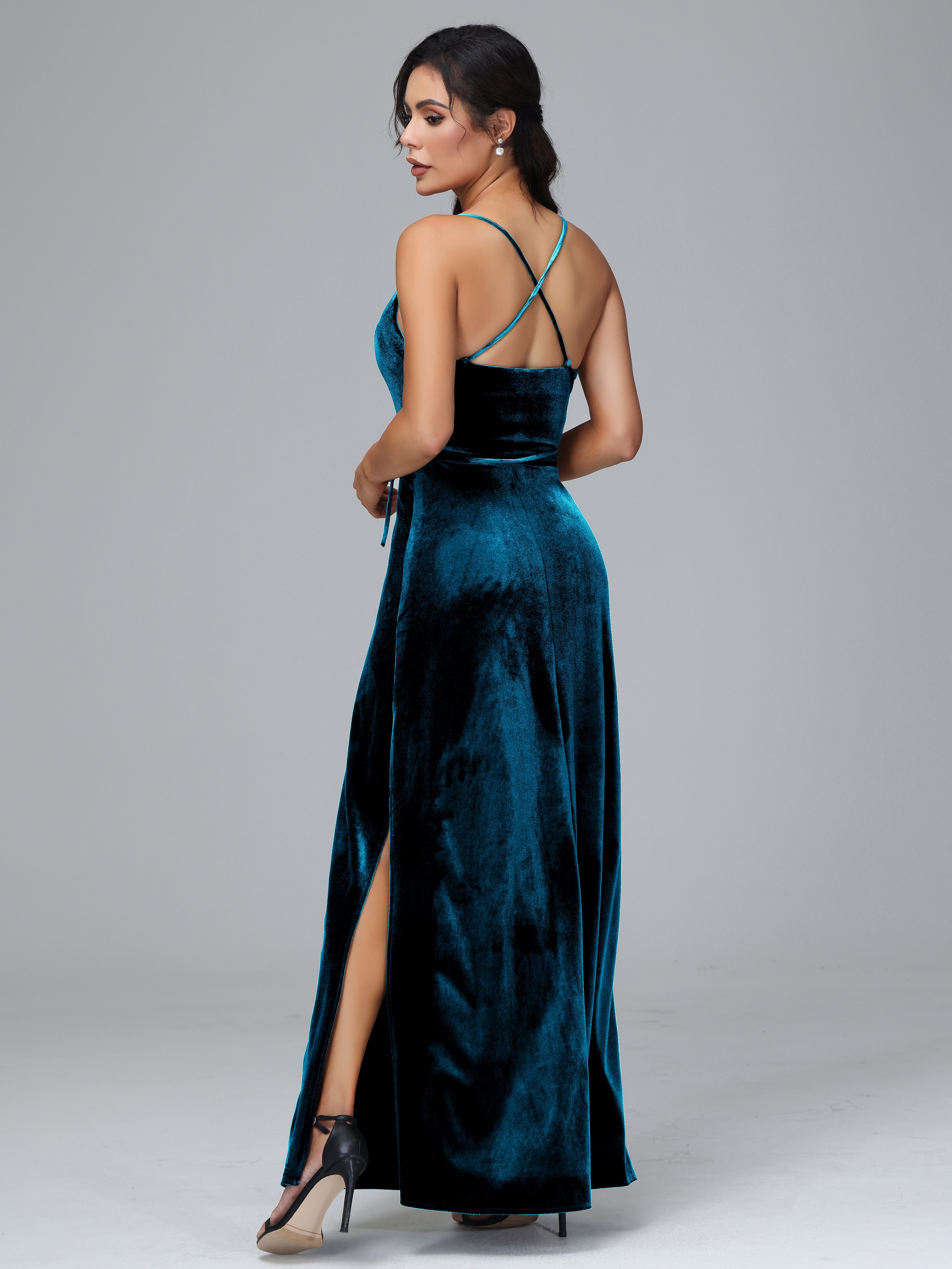 Spaghetti Straps Velvet Bridesmaid Dress With Slit
