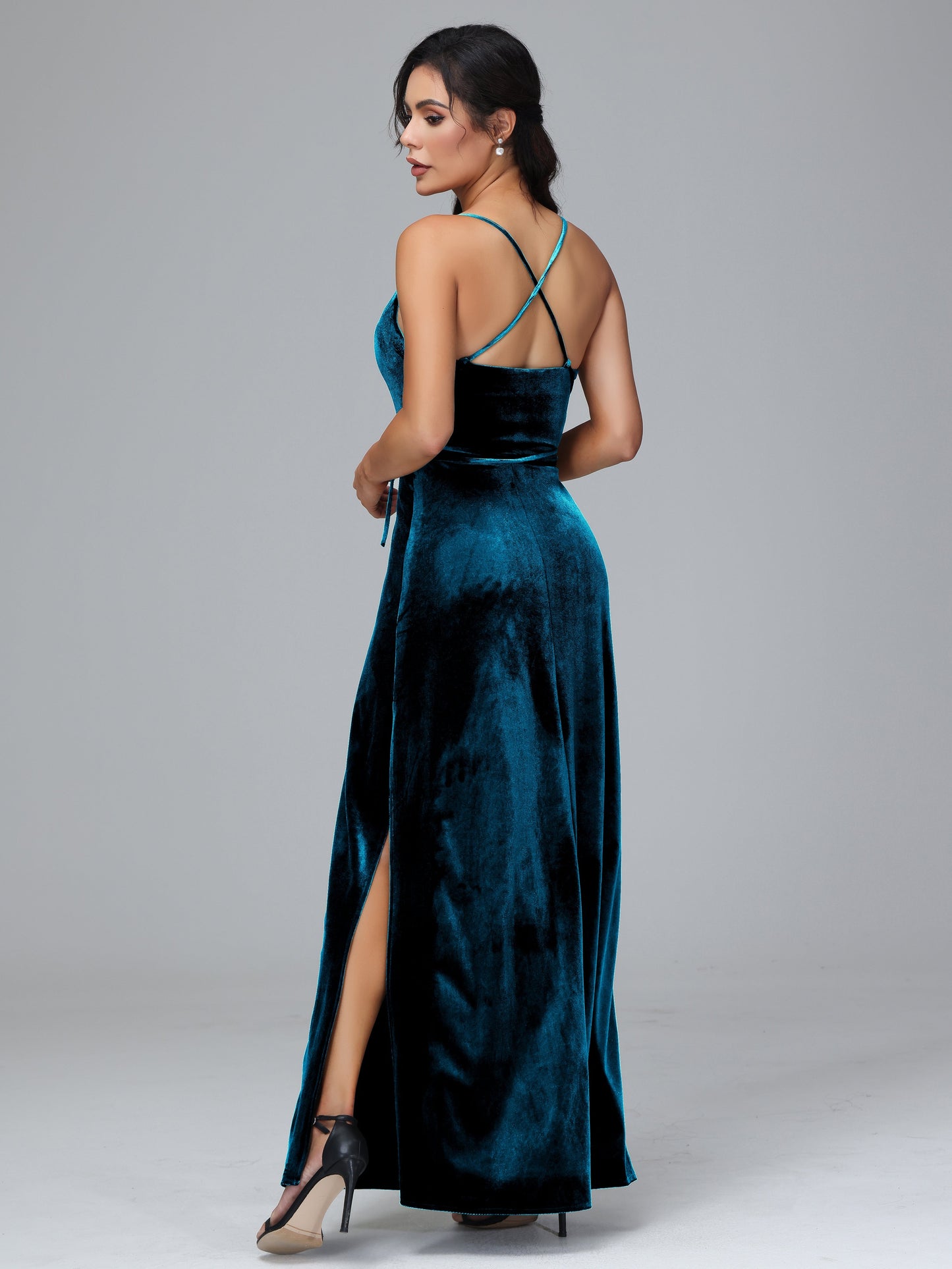 Spaghetti Straps Plus Size Velvet Bridesmaid Dress With Slit