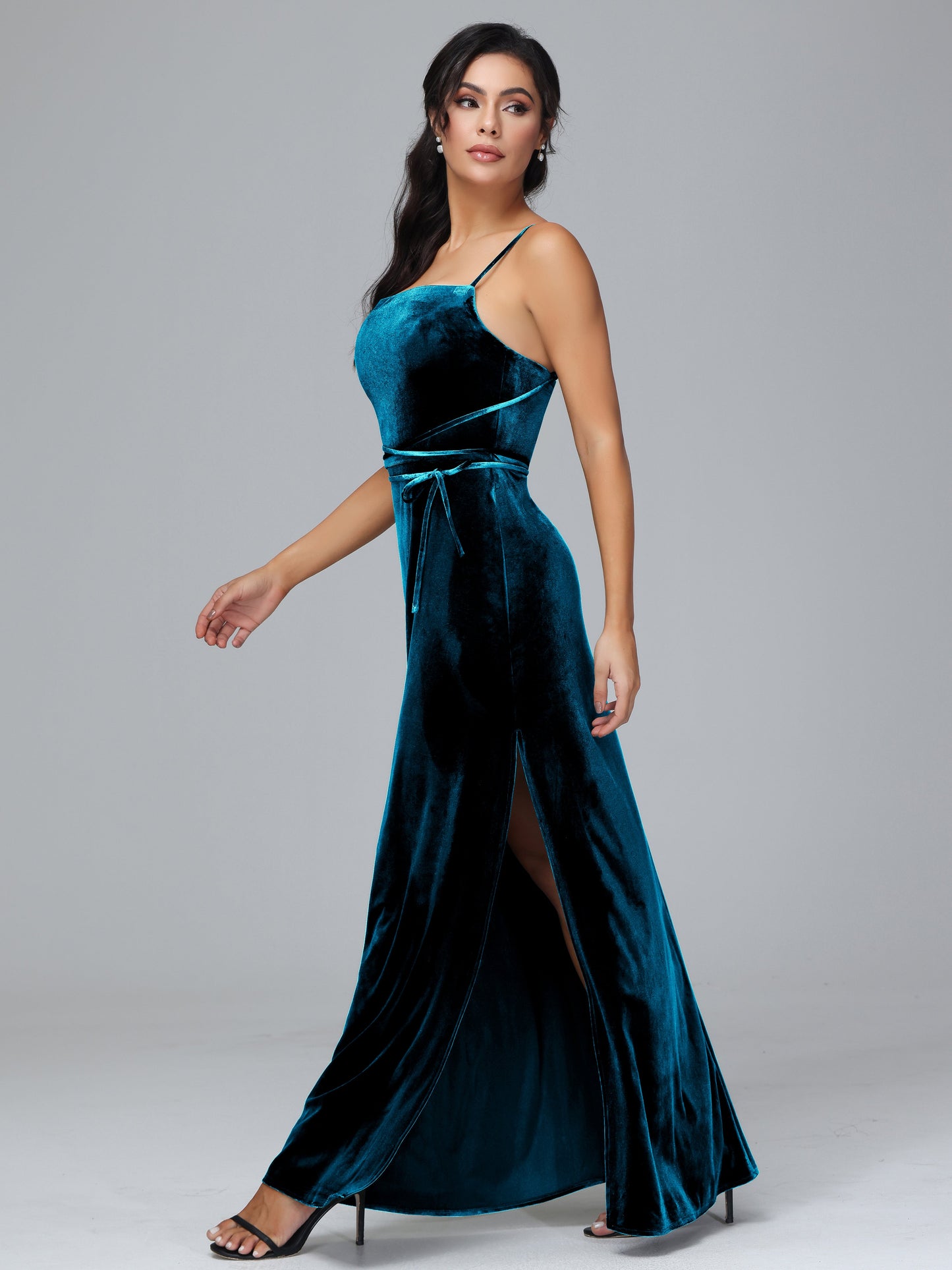 Spaghetti Straps Velvet Bridesmaid Dress With Slit