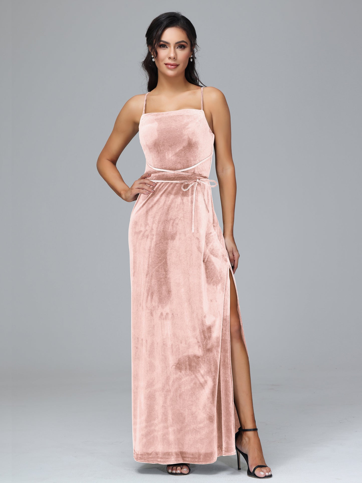 Spaghetti Straps Velvet Bridesmaid Dress With Slit