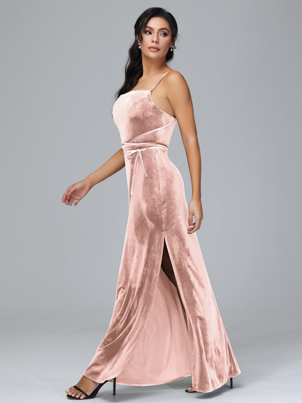 Spaghetti Straps Velvet Bridesmaid Dress With Slit