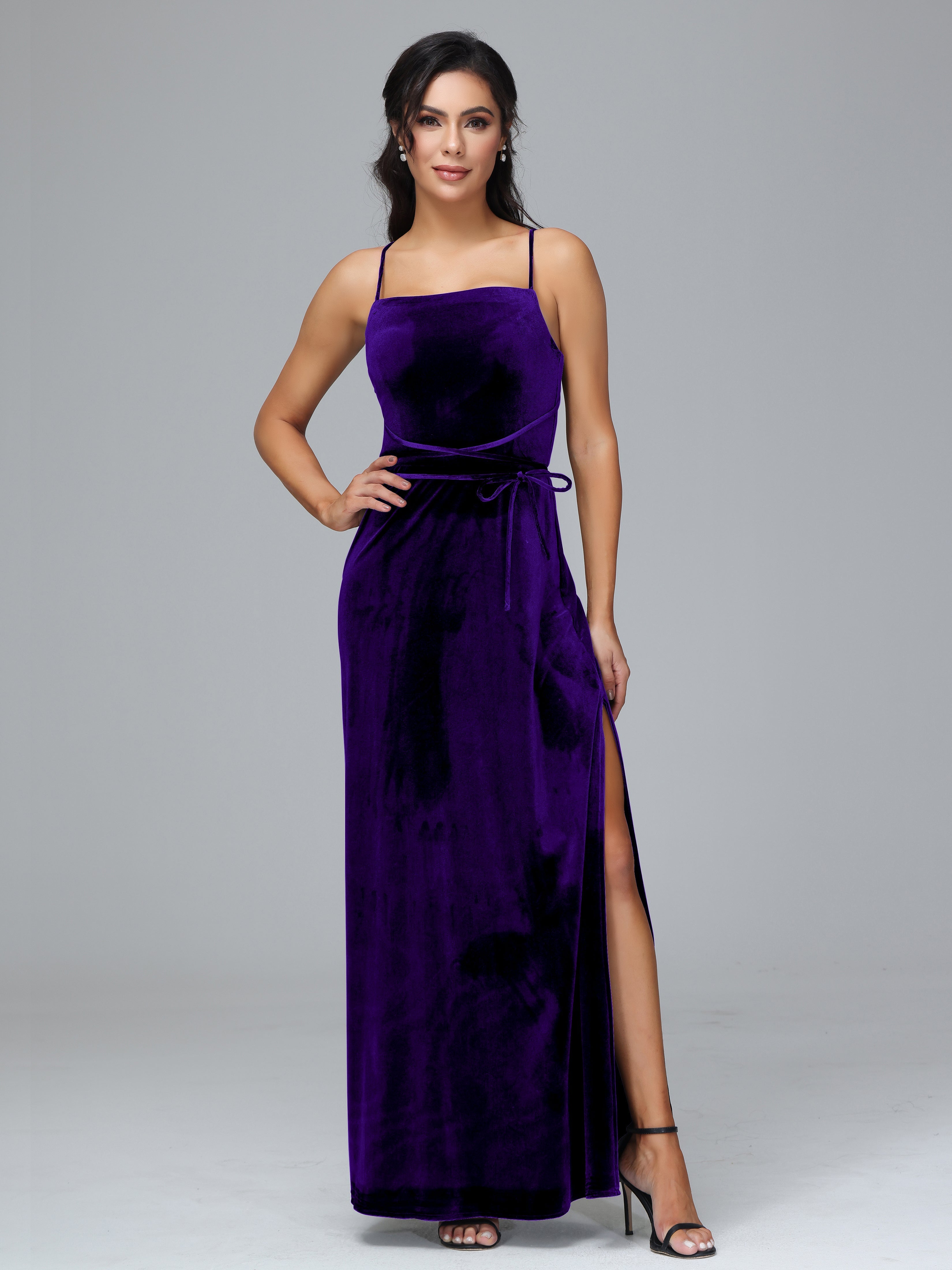 Spaghetti Straps Plus Size Velvet Bridesmaid Dress With Slit
