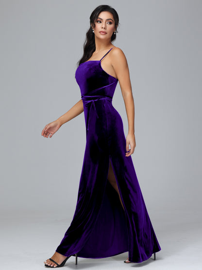 Spaghetti Straps Velvet Bridesmaid Dress With Slit
