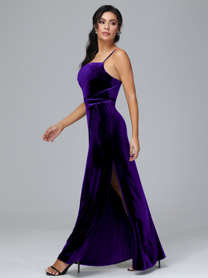 Spaghetti Straps Plus Size Velvet Bridesmaid Dress With Slit