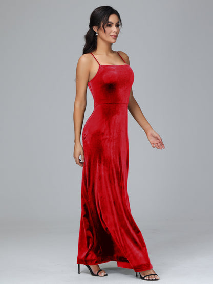 Spaghetti Straps Plus Size Velvet Bridesmaid Dress With Slit