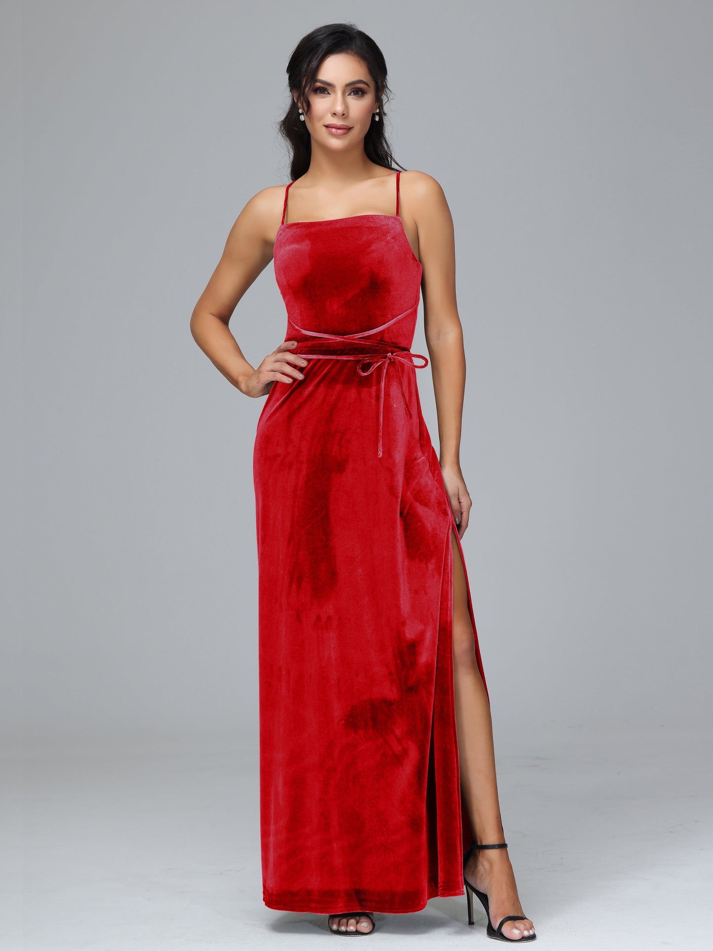 Spaghetti Straps Velvet Bridesmaid Dress With Slit