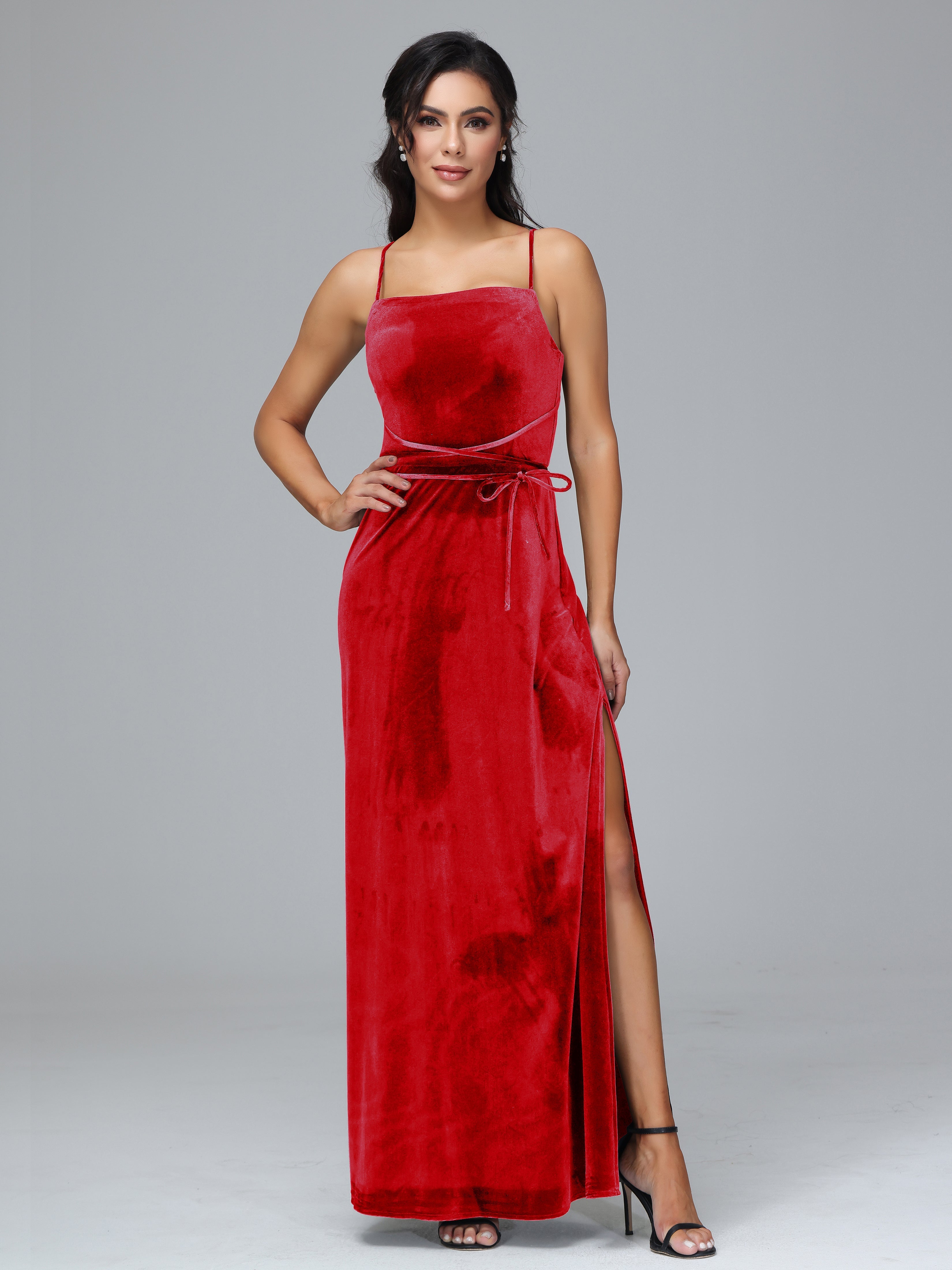Spaghetti Straps Velvet Bridesmaid Dress With Slit