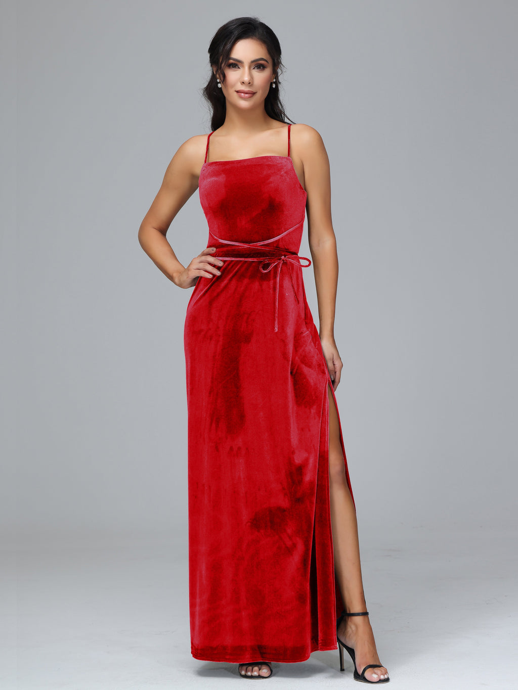 Spaghetti Straps Plus Size Velvet Bridesmaid Dress With Slit