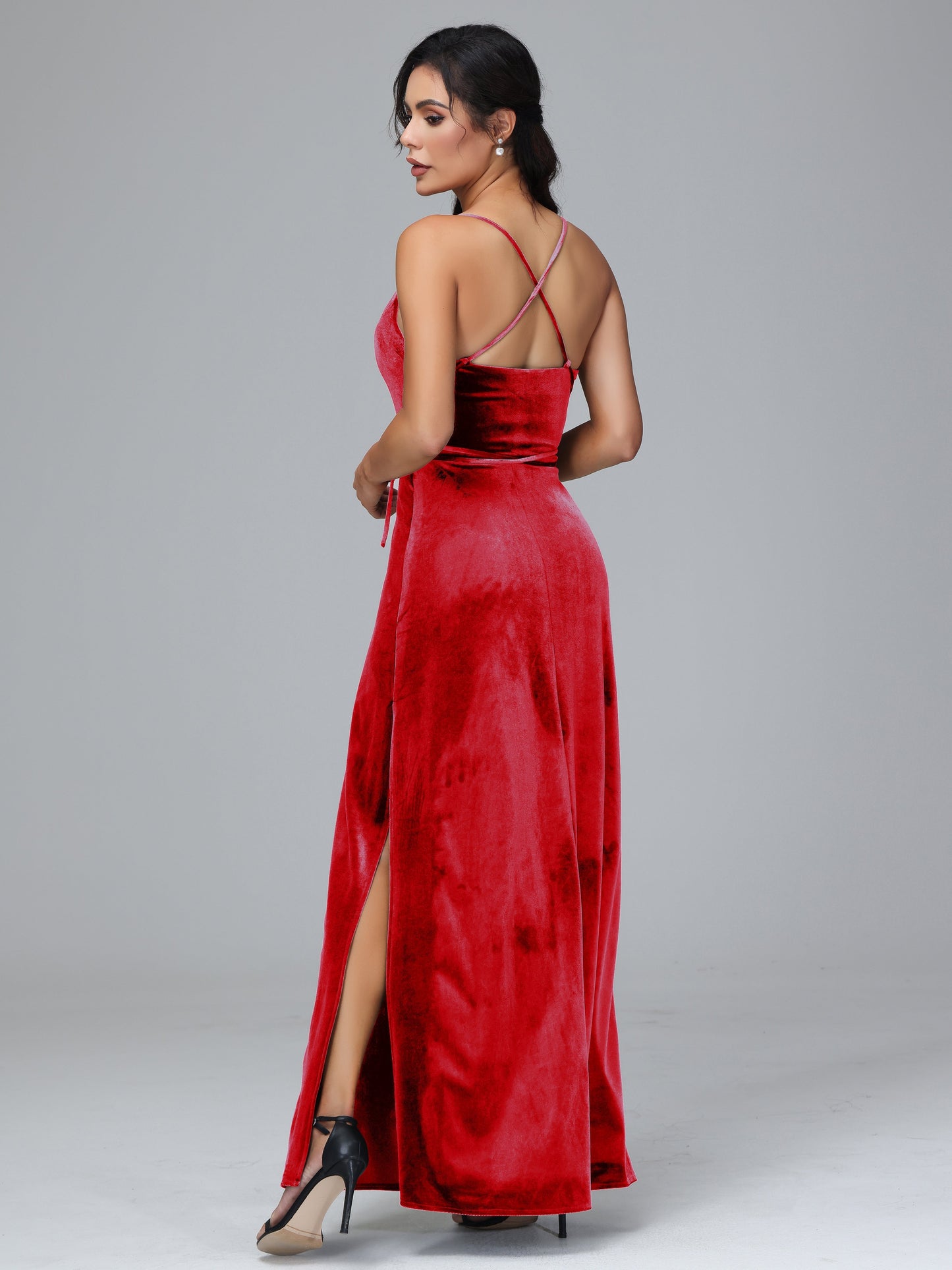 Spaghetti Straps Plus Size Velvet Bridesmaid Dress With Slit