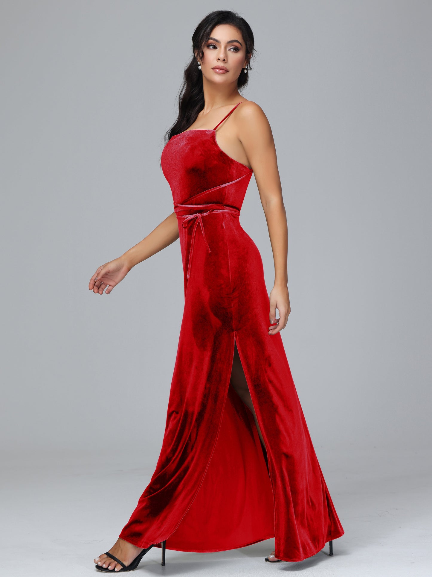 Spaghetti Straps Velvet Bridesmaid Dress With Slit