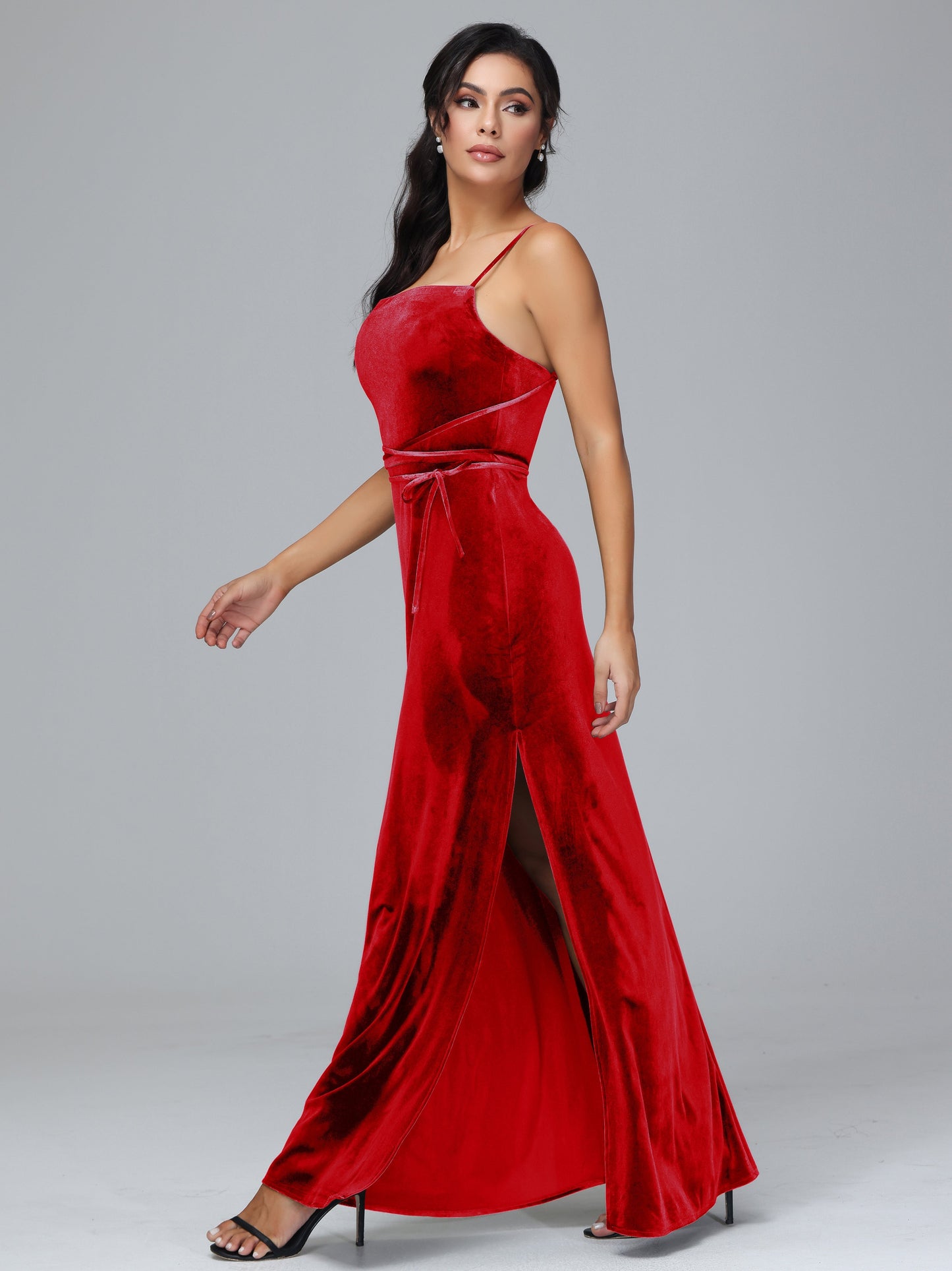 Spaghetti Straps Plus Size Velvet Bridesmaid Dress With Slit