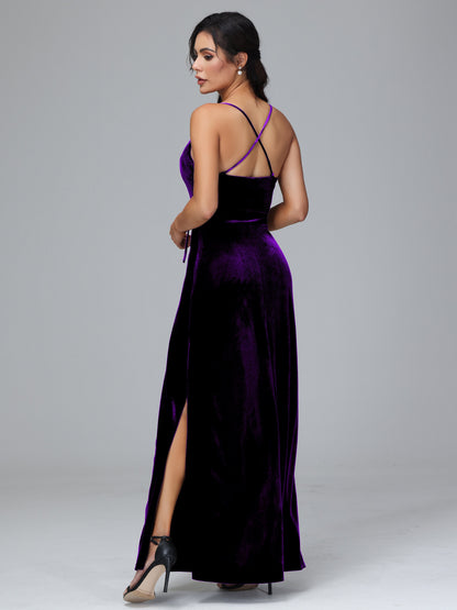 Spaghetti Straps Plus Size Velvet Bridesmaid Dress With Slit