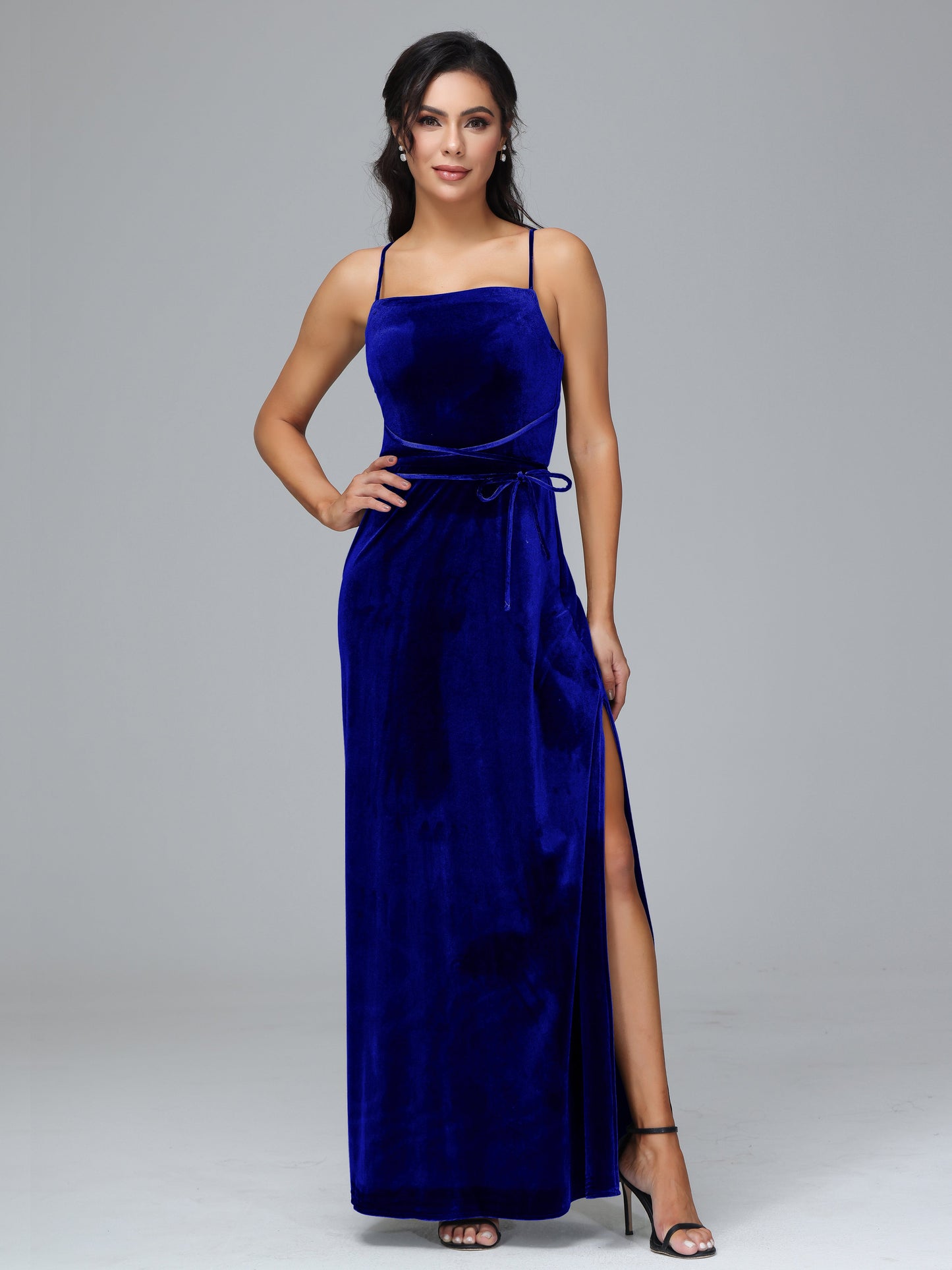 Spaghetti Straps Plus Size Velvet Bridesmaid Dress With Slit