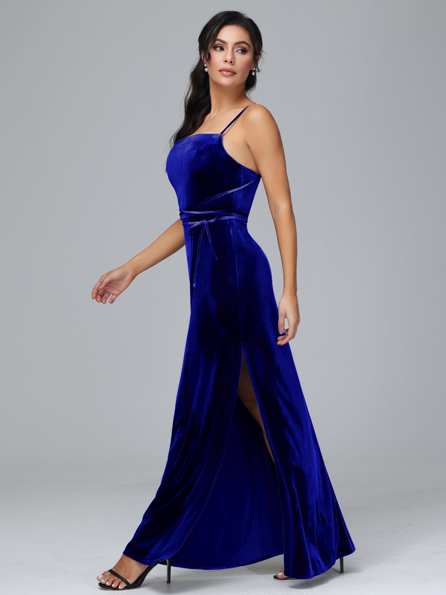 Spaghetti Straps Plus Size Velvet Bridesmaid Dress With Slit