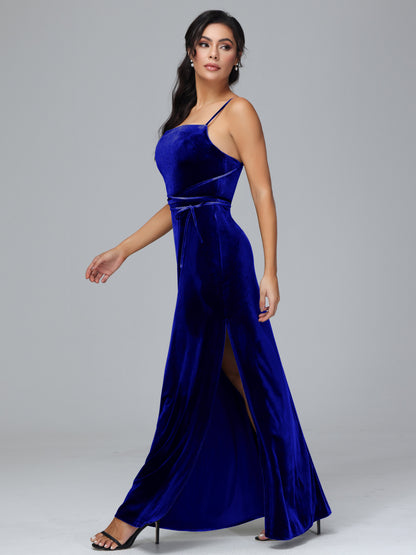 Spaghetti Straps Plus Size Velvet Bridesmaid Dress With Slit