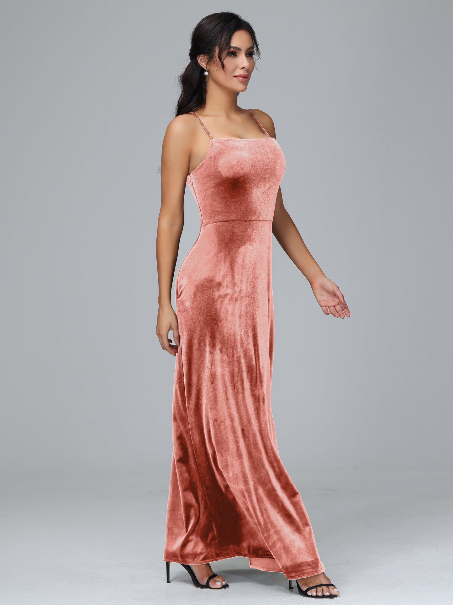 Spaghetti Straps Plus Size Velvet Bridesmaid Dress With Slit