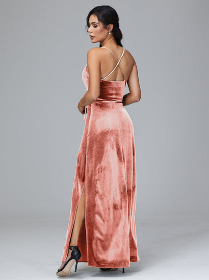 Spaghetti Straps Velvet Bridesmaid Dress With Slit