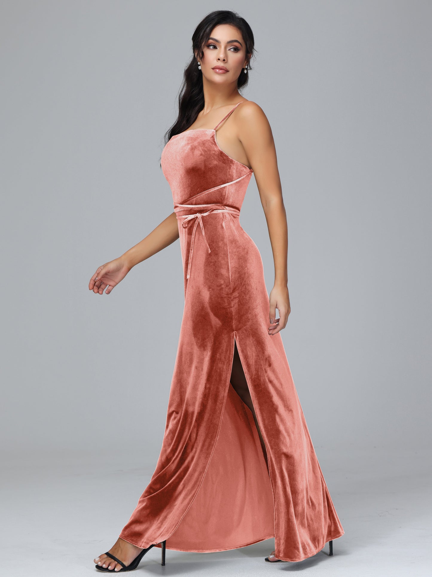 Spaghetti Straps Velvet Bridesmaid Dress With Slit
