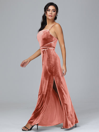 Spaghetti Straps Velvet Bridesmaid Dress With Slit
