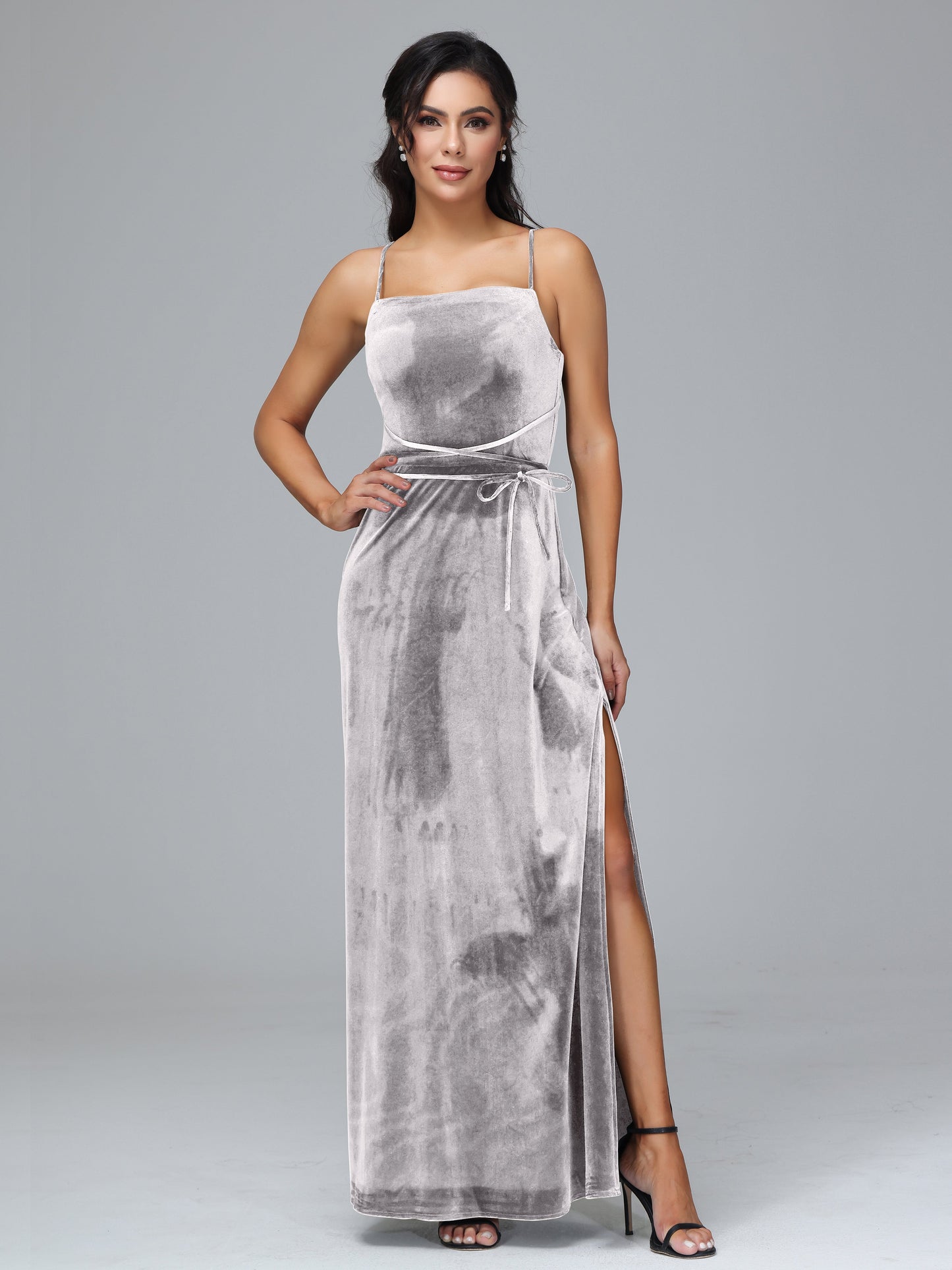 Spaghetti Straps Velvet Bridesmaid Dress With Slit