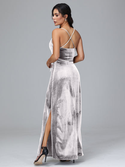 Spaghetti Straps Plus Size Velvet Bridesmaid Dress With Slit