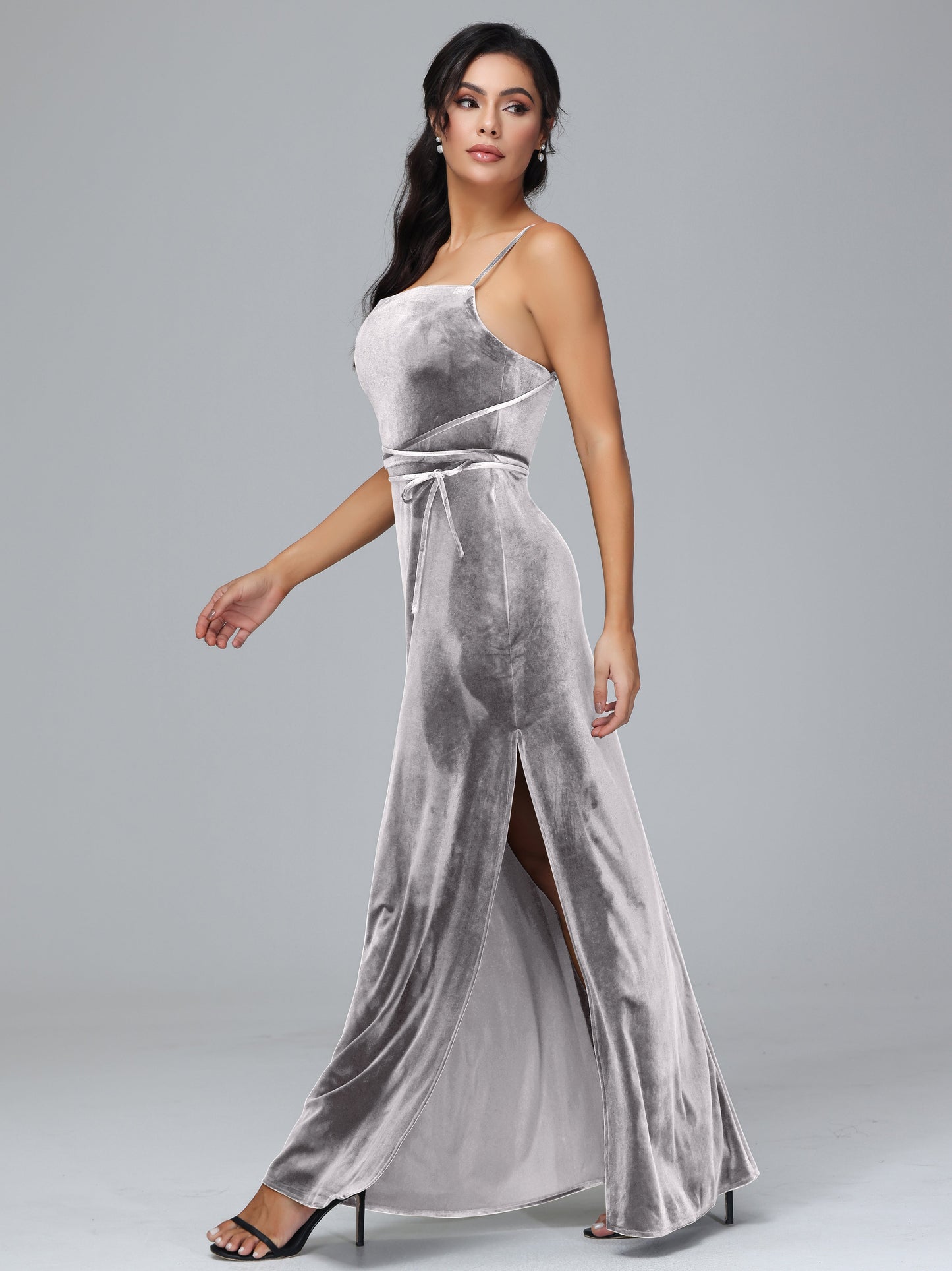 Spaghetti Straps Velvet Bridesmaid Dress With Slit