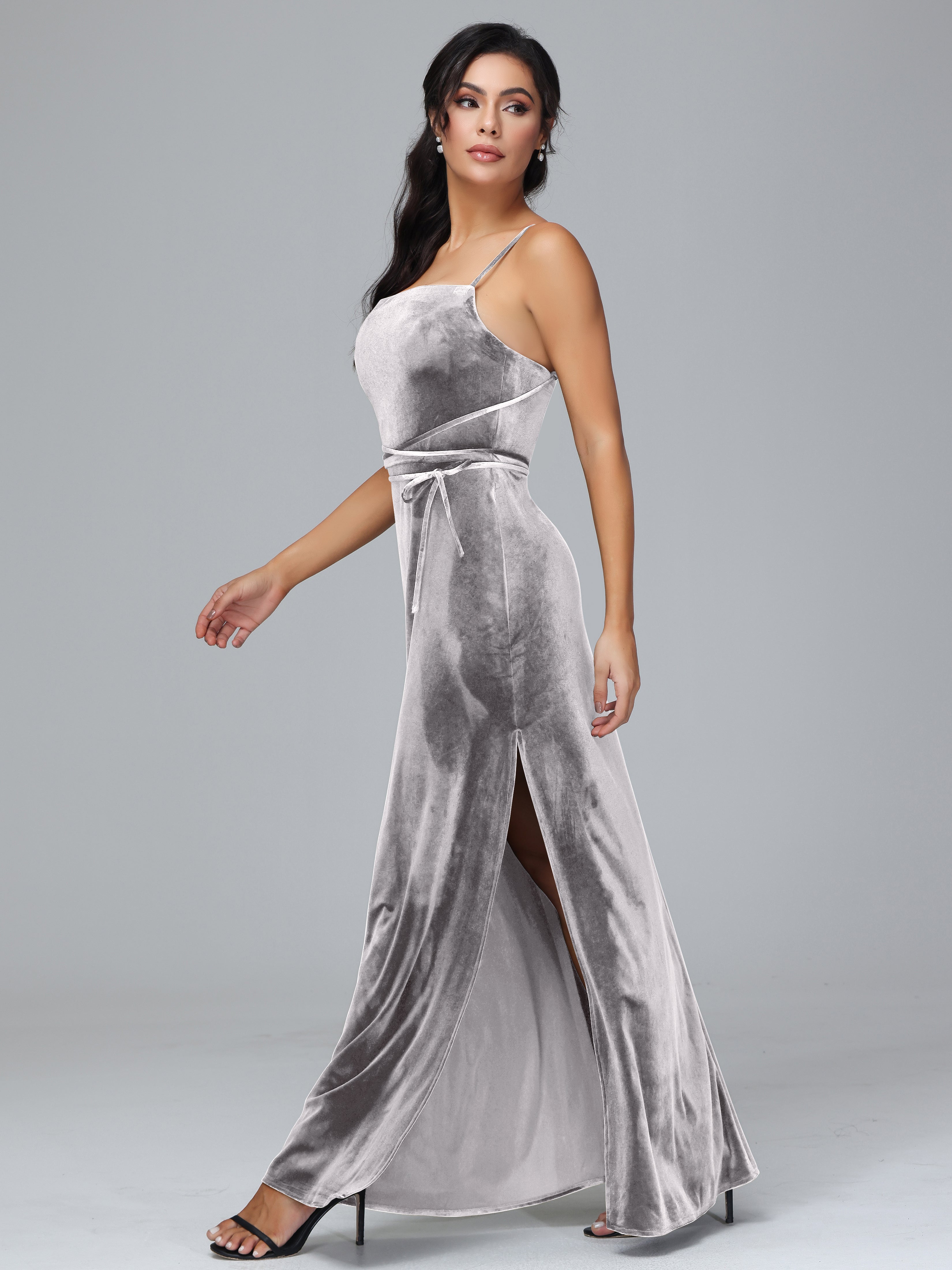 Spaghetti Straps Plus Size Velvet Bridesmaid Dress With Slit