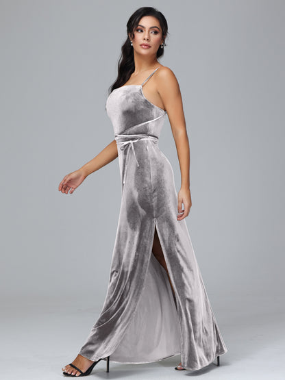 Spaghetti Straps Plus Size Velvet Bridesmaid Dress With Slit