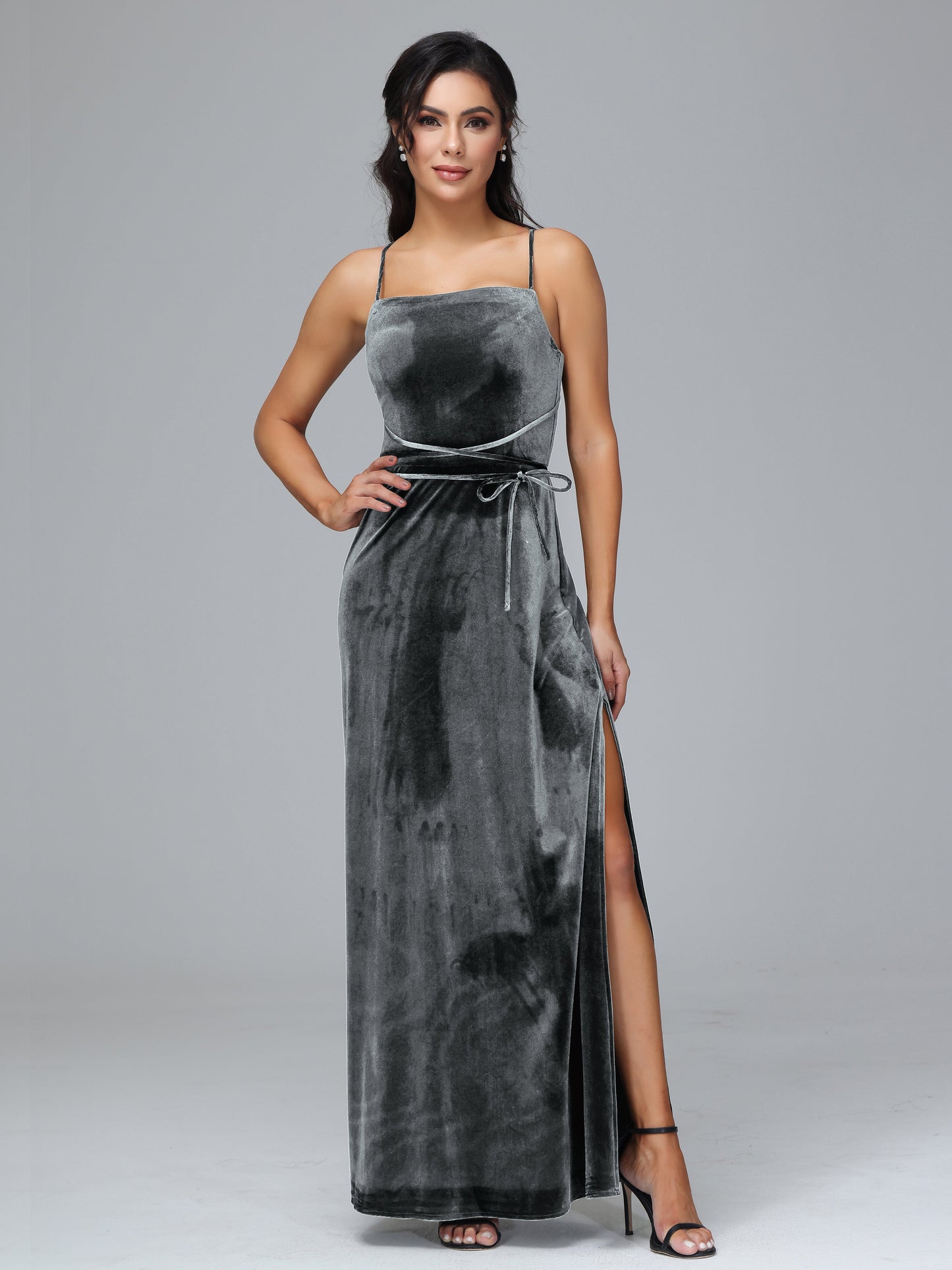 Spaghetti Straps Velvet Bridesmaid Dress With Slit
