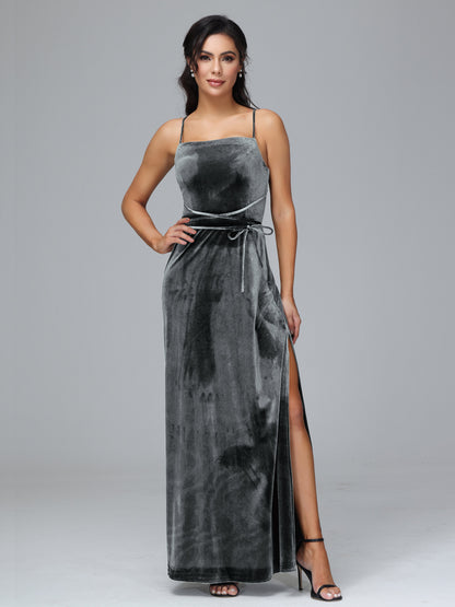 Spaghetti Straps Velvet Bridesmaid Dress With Slit