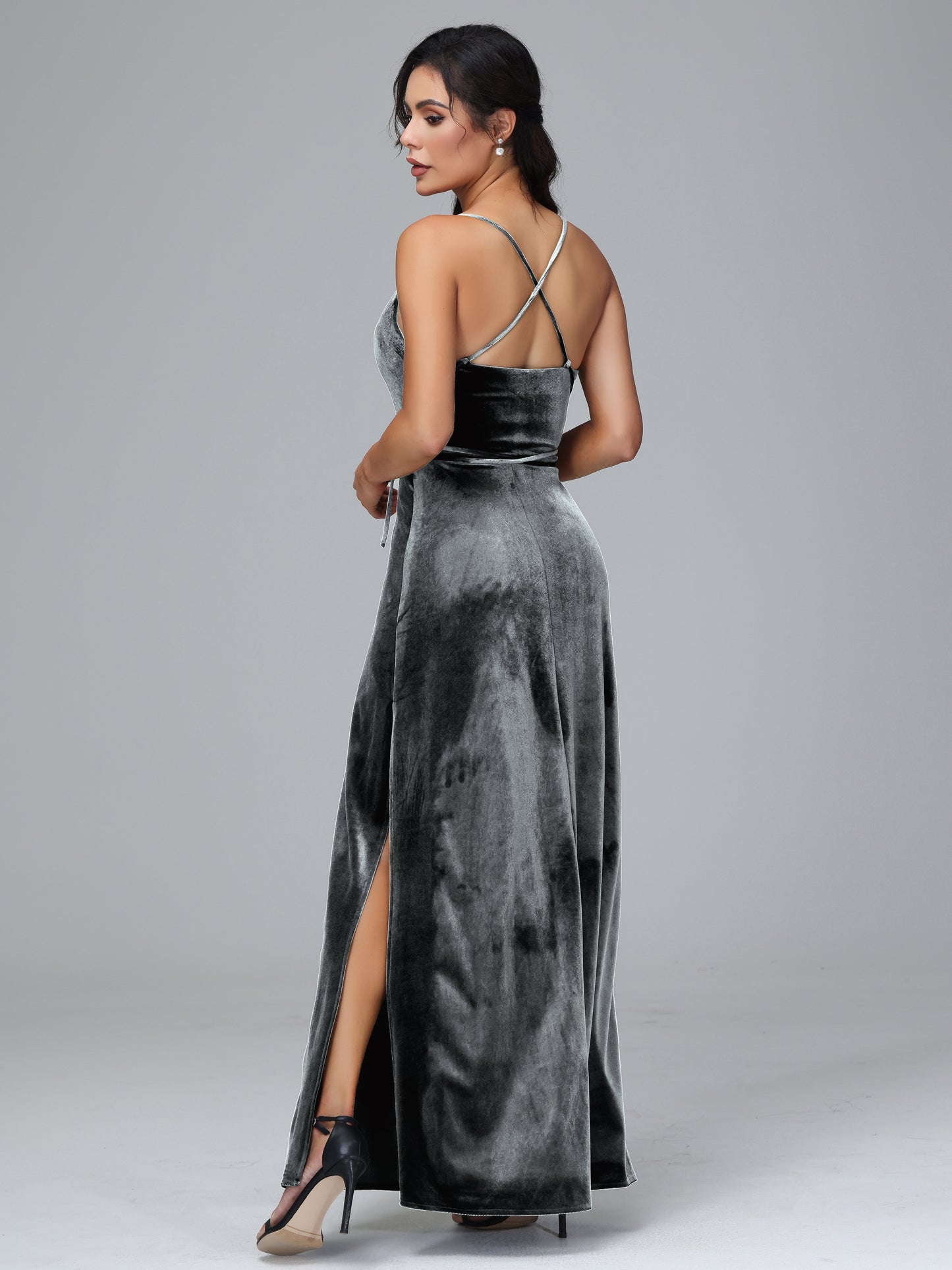 Spaghetti Straps Plus Size Velvet Bridesmaid Dress With Slit