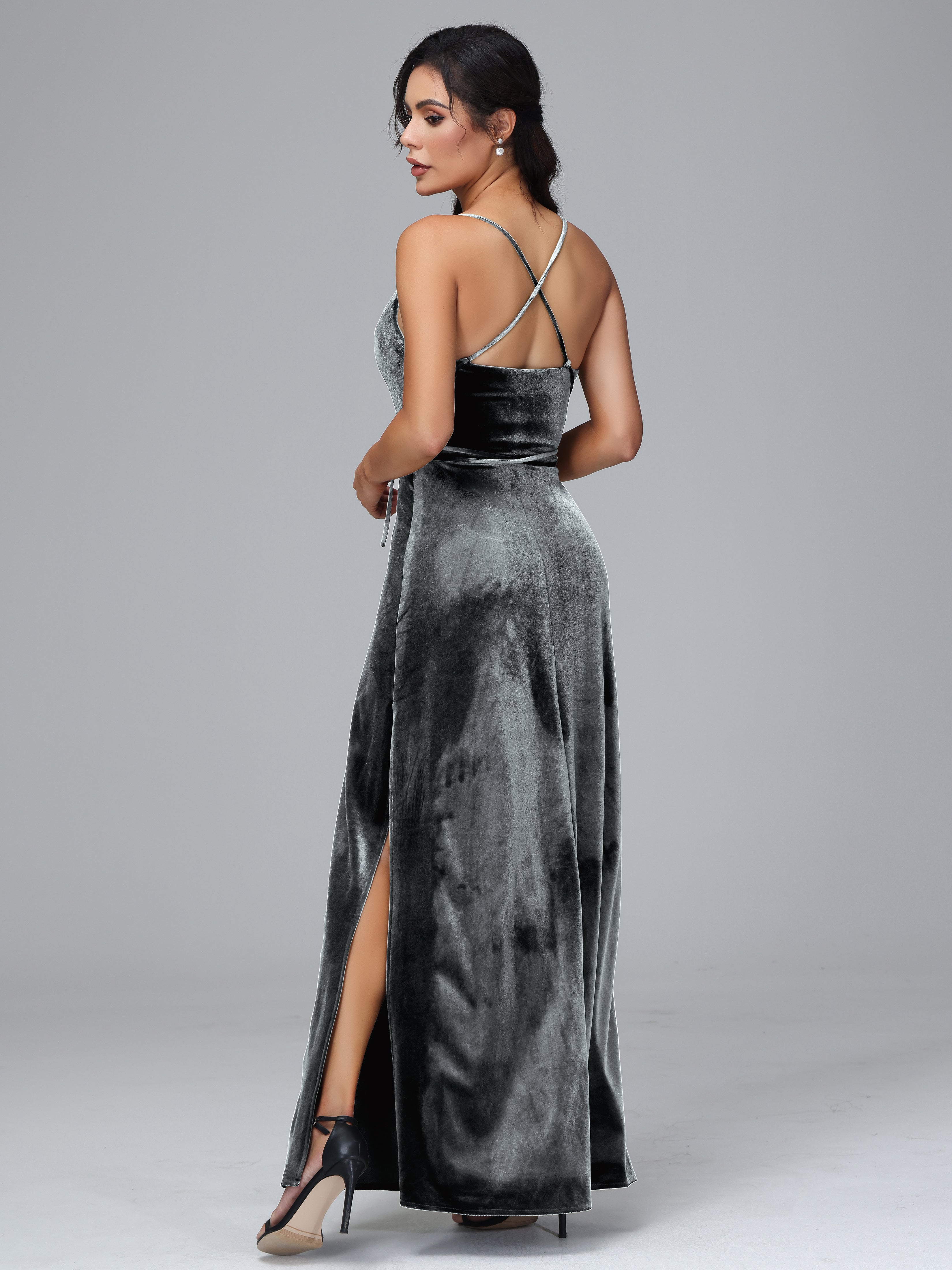 Spaghetti Straps Plus Size Velvet Bridesmaid Dress With Slit