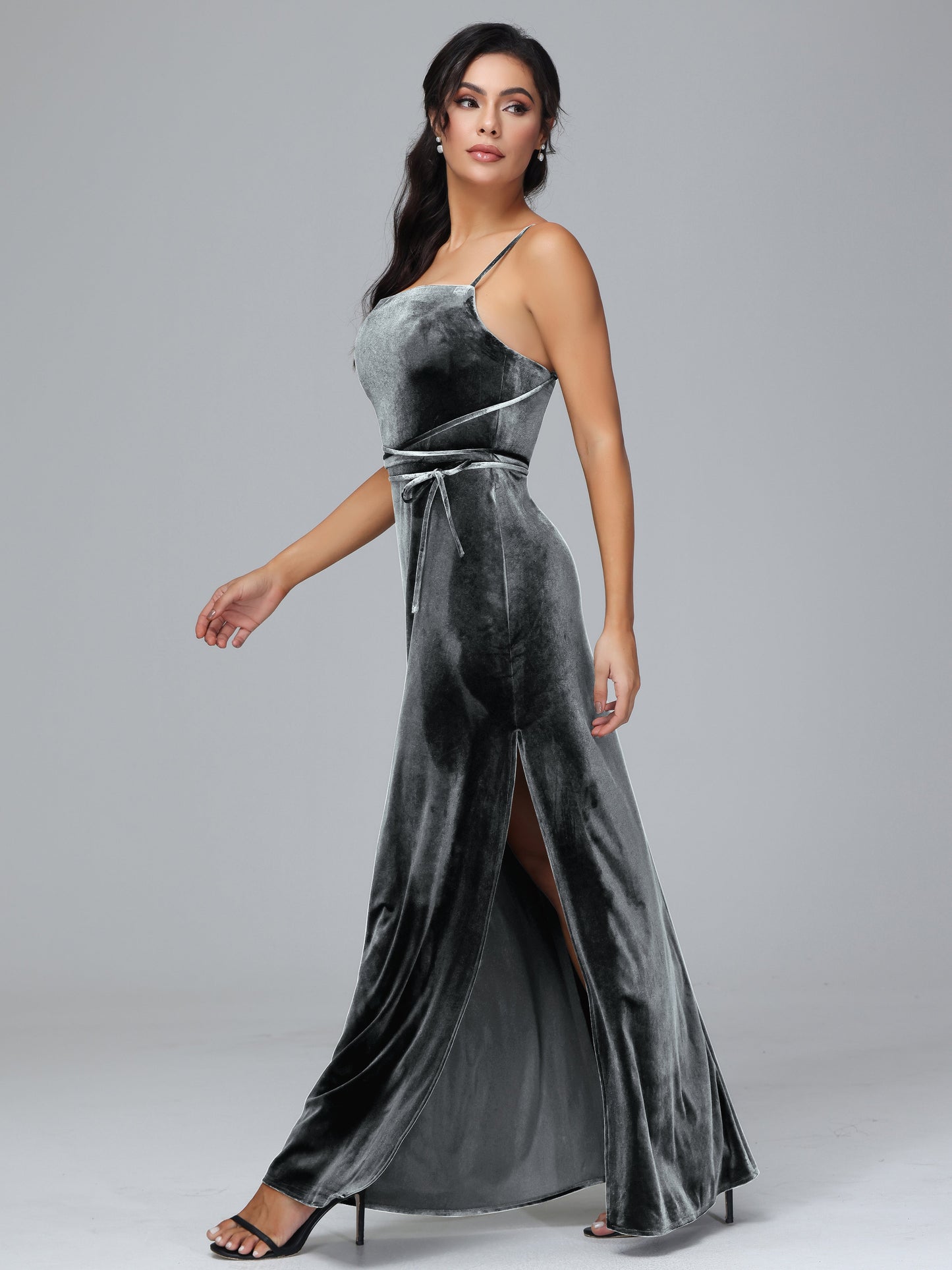 Spaghetti Straps Velvet Bridesmaid Dress With Slit