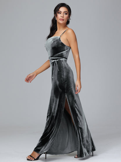 Spaghetti Straps Plus Size Velvet Bridesmaid Dress With Slit