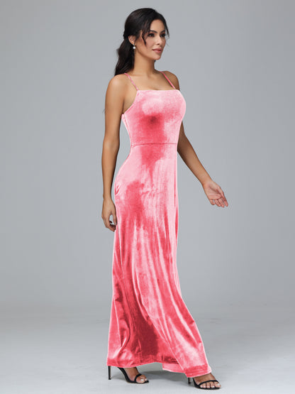 Spaghetti Straps Velvet Bridesmaid Dress With Slit