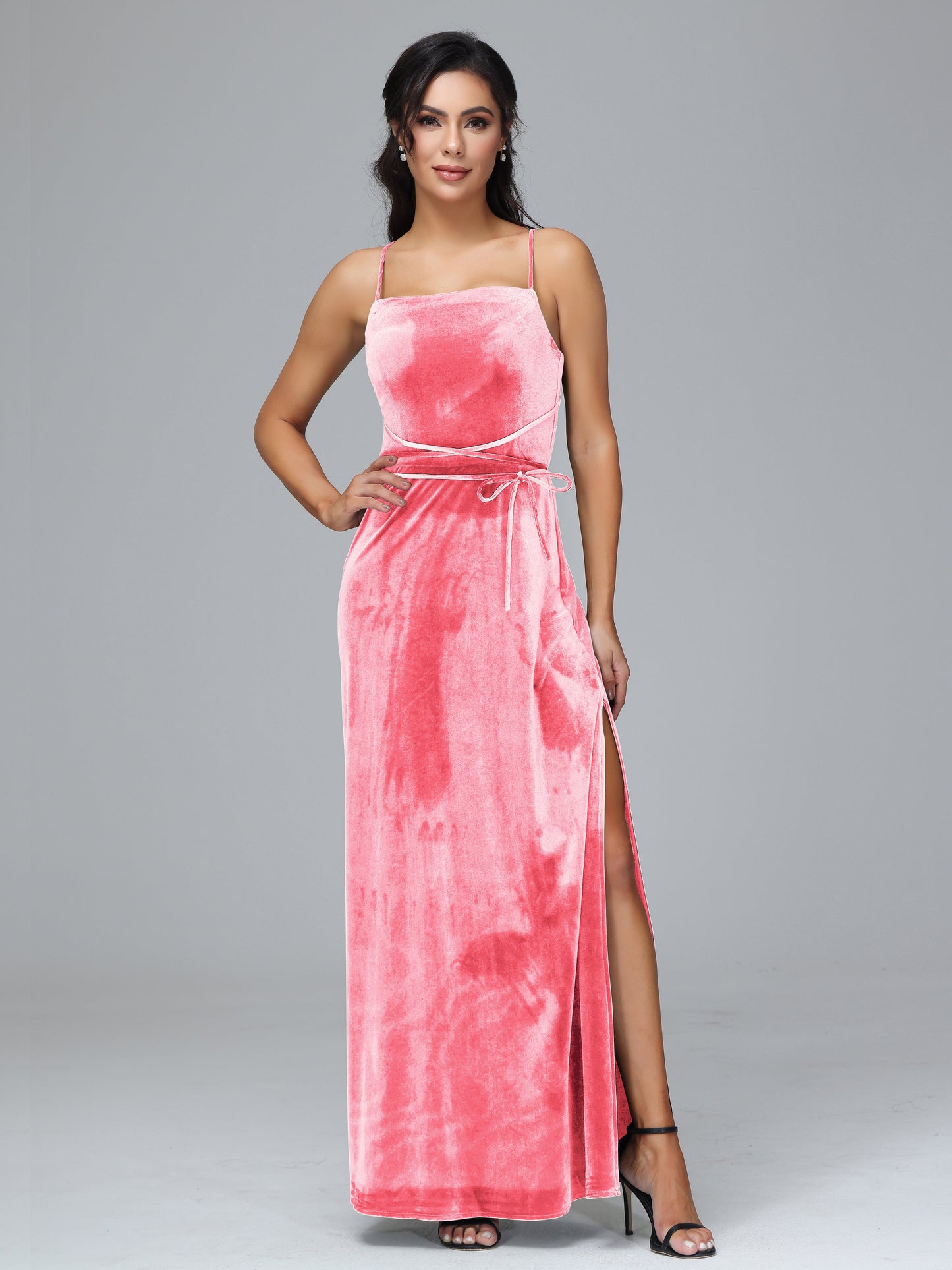 Spaghetti Straps Velvet Bridesmaid Dress With Slit