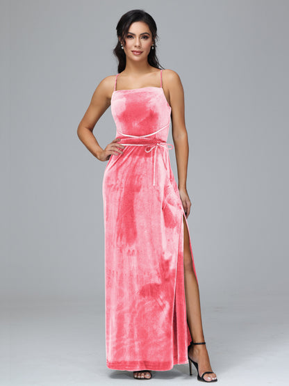 Spaghetti Straps Velvet Bridesmaid Dress With Slit