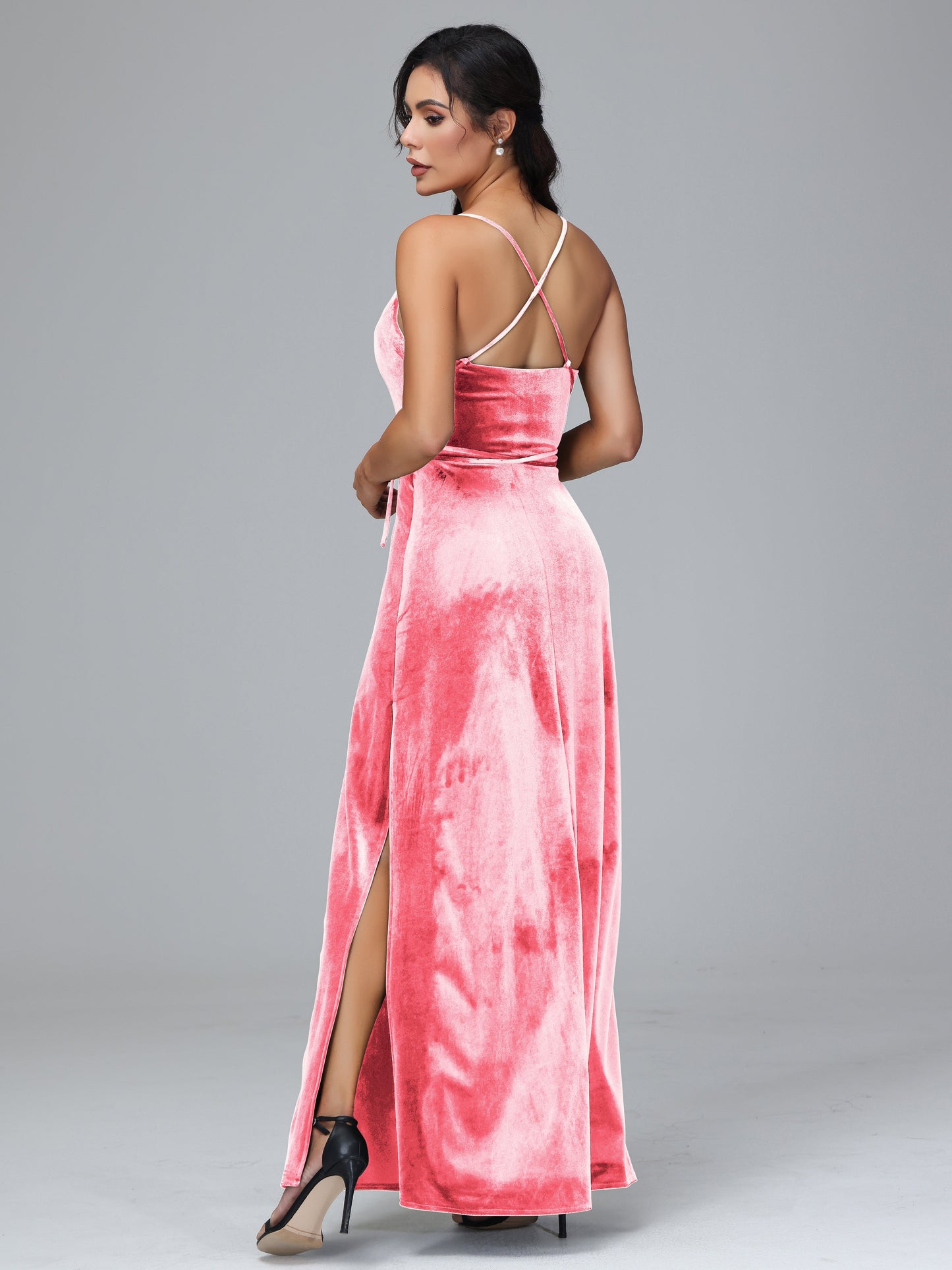 Spaghetti Straps Velvet Bridesmaid Dress With Slit