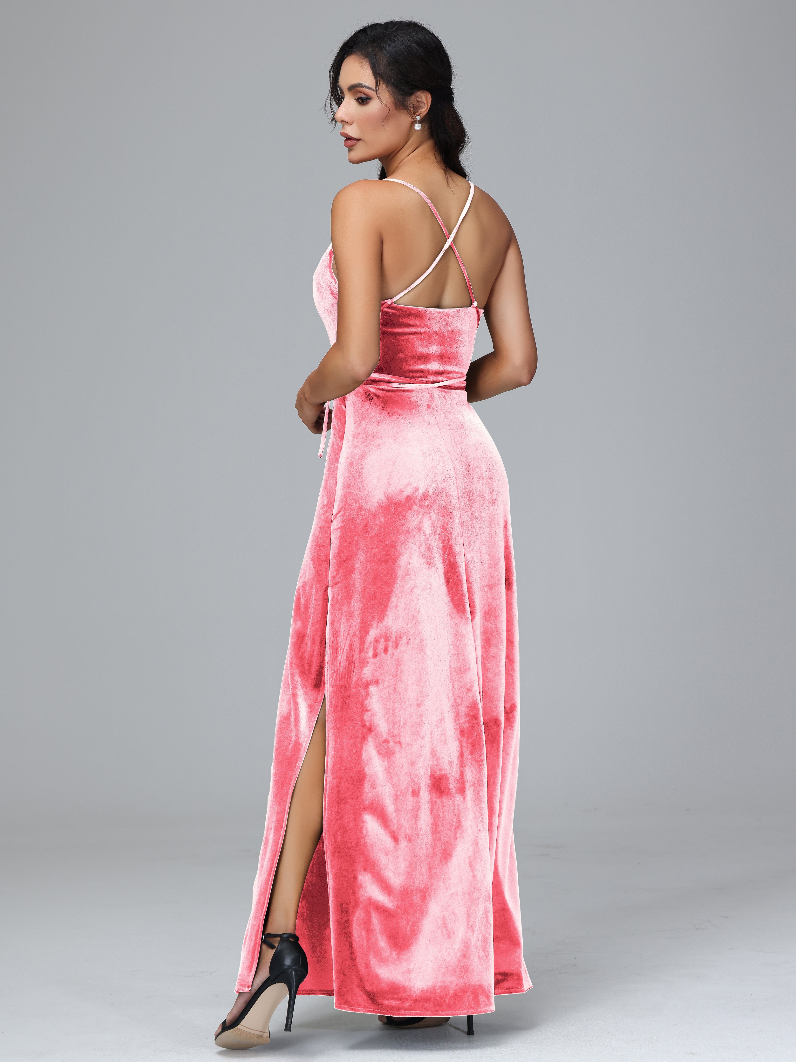 Spaghetti Straps Velvet Bridesmaid Dress With Slit