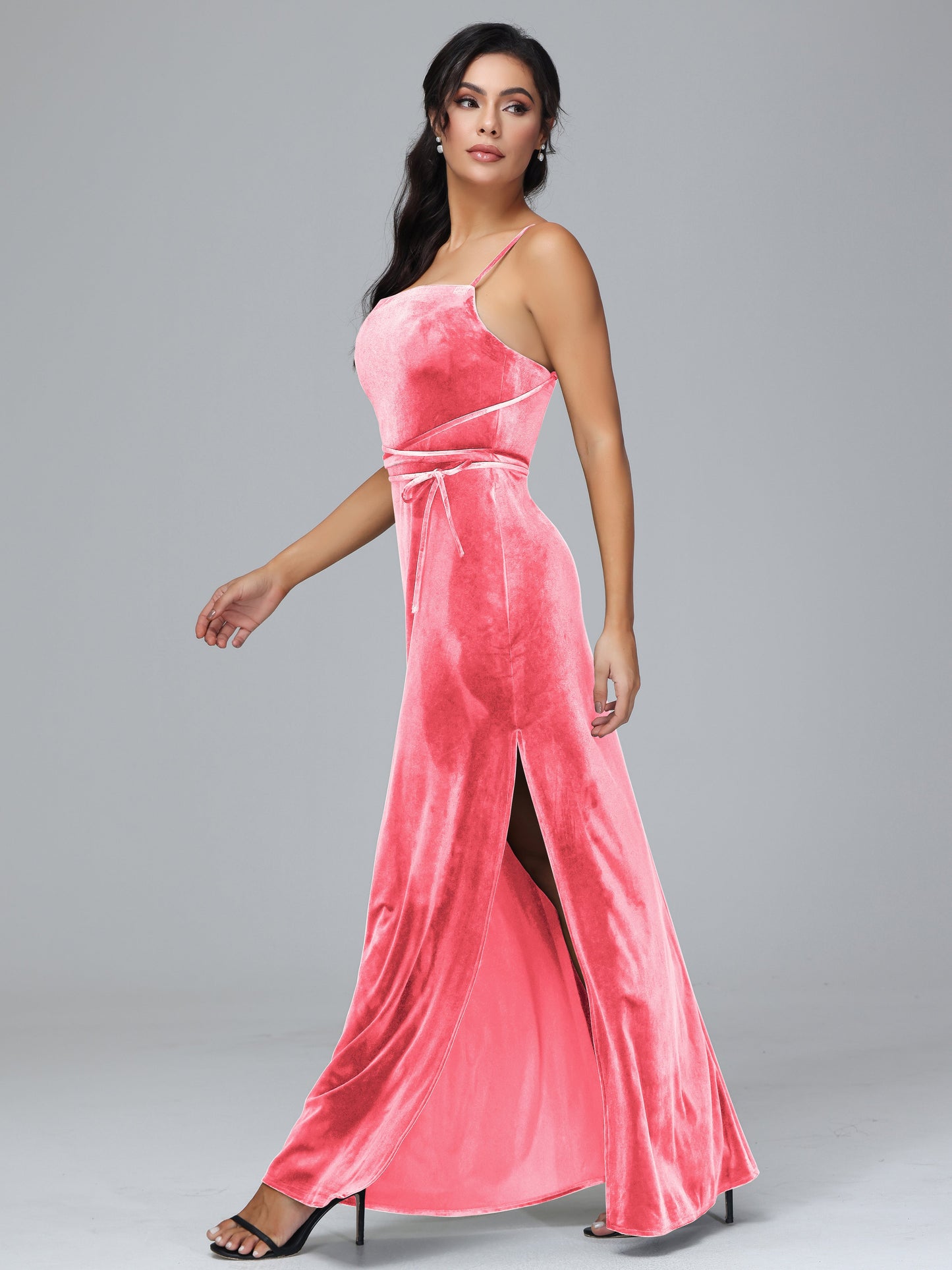 Spaghetti Straps Velvet Bridesmaid Dress With Slit
