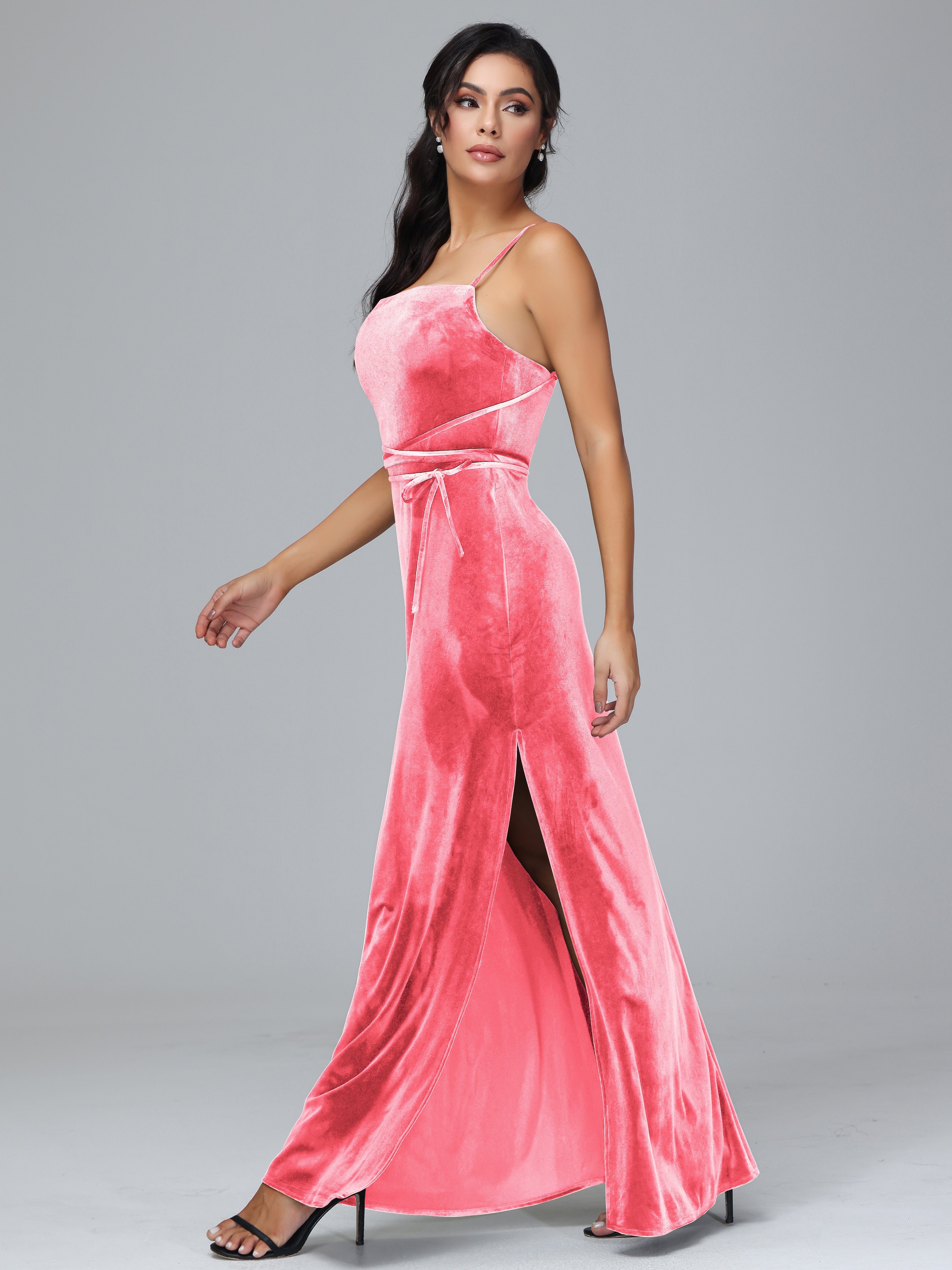 Spaghetti Straps Velvet Bridesmaid Dress With Slit