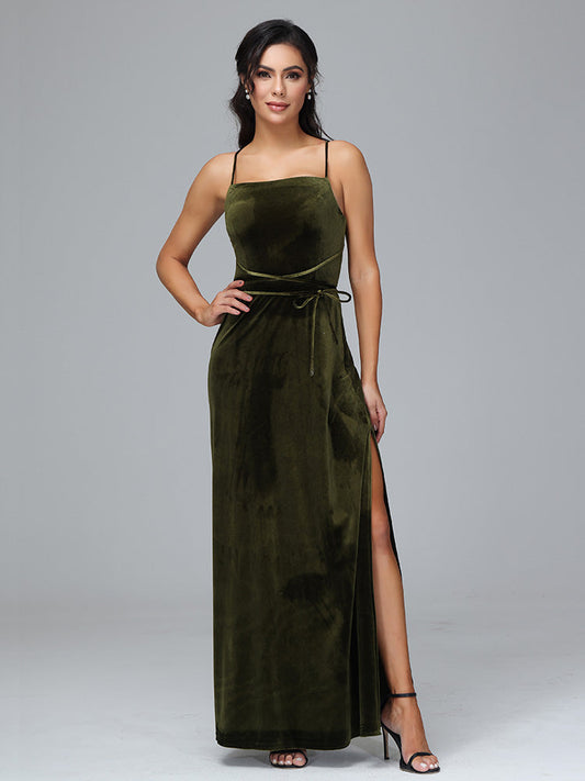 Spaghetti Straps Velvet Bridesmaid Dress With Slit