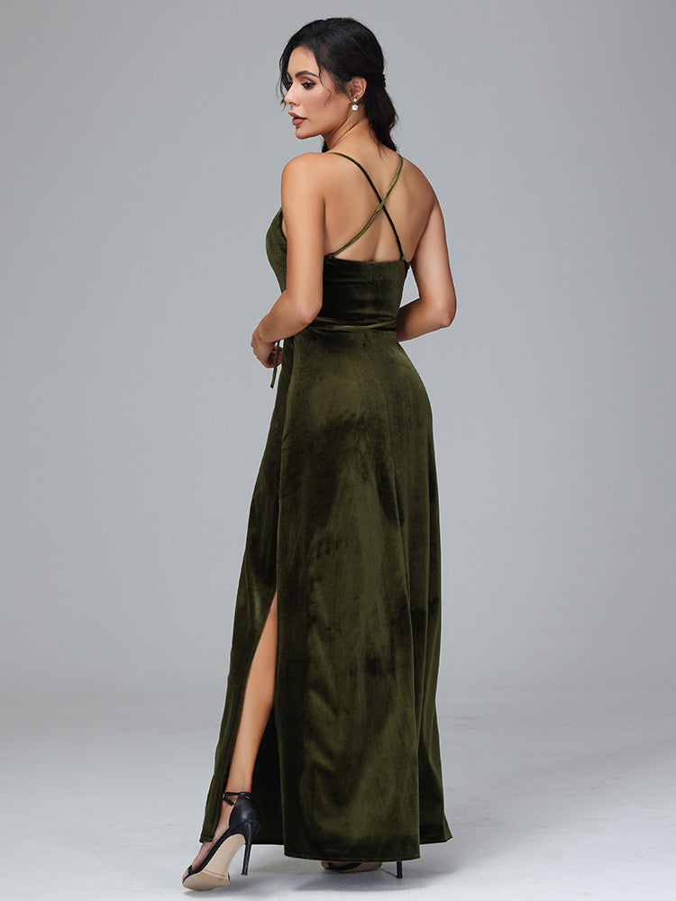 Spaghetti Straps Velvet Bridesmaid Dress With Slit